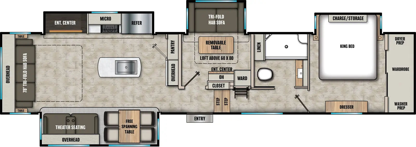 The Chaparral 393MBX floorplan has one entry and four slide outs. Exterior features include: fiberglass exterior and 20' awning. Interiors features include: loft, kitchen island, free-standing dinette option, front bedroom and rear living.